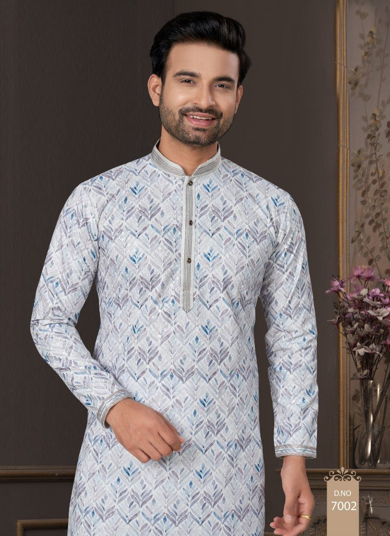 Sky Blue Cotton Digital Print Kurta Pajama  with Lucknowi, Sequence, Thread and Pintex Work-2