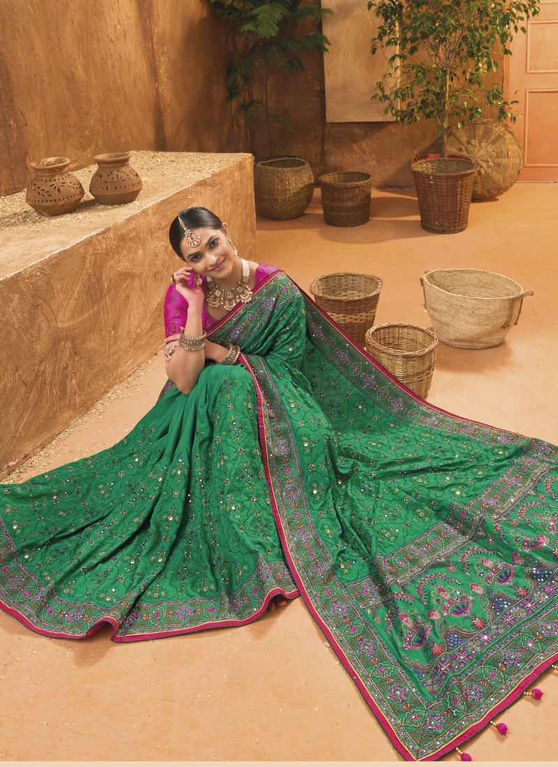 Green Banarasi Silk Saree With Kachhi Work,  Mirror Work and Diamond Work-2