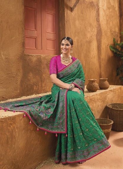 Green Banarasi Silk Saree With Kachhi Work,  Mirror Work and Diamond Work-2