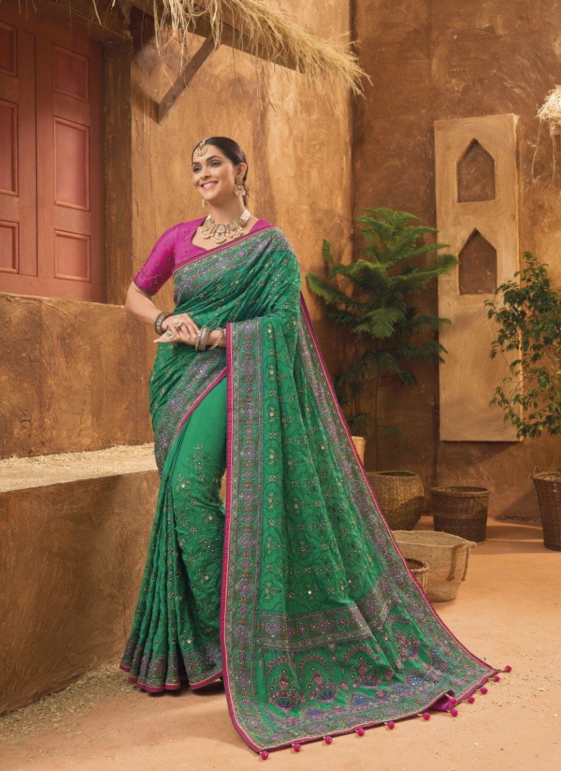 Green Banarasi Silk Saree With Kachhi Work,  Mirror Work and Diamond Work