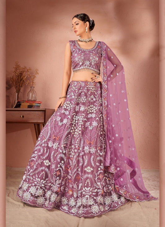 Lavender Net Embroidered Lehenga Choli with Sequins and Thread Work
