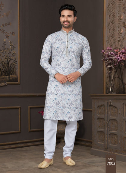 Sky Blue Cotton Digital Print Kurta Pajama  with Lucknowi, Sequence, Thread and Pintex Work-2