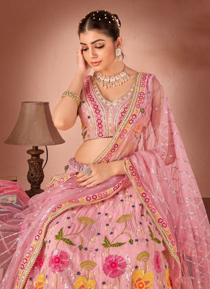 Pink Georgette Embroidered Lehenga Choli with Sequins and Thread Work-2