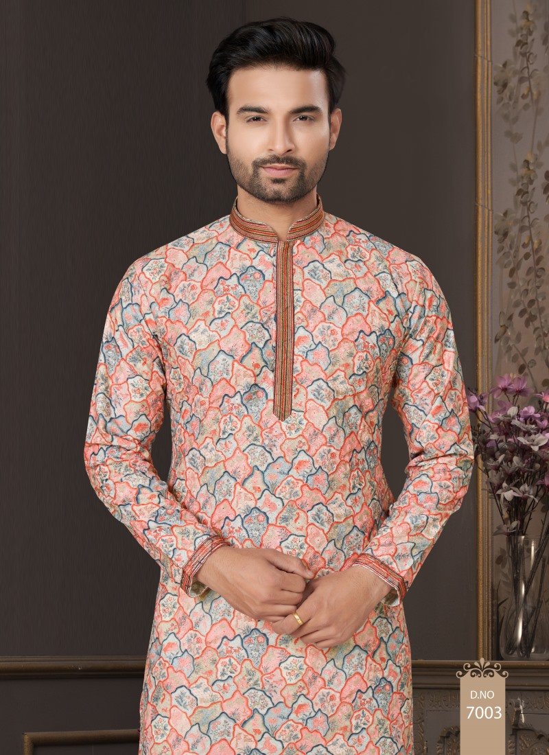 Peach Cotton Digital Print Kurta Pajama  with Lucknowi, Sequence, Thread and Pintex Work-2