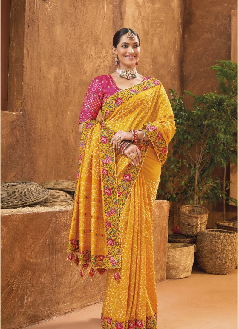 Yellow Banarasi Silk Saree With Kachhi Work,  Mirror Work and Diamond Work