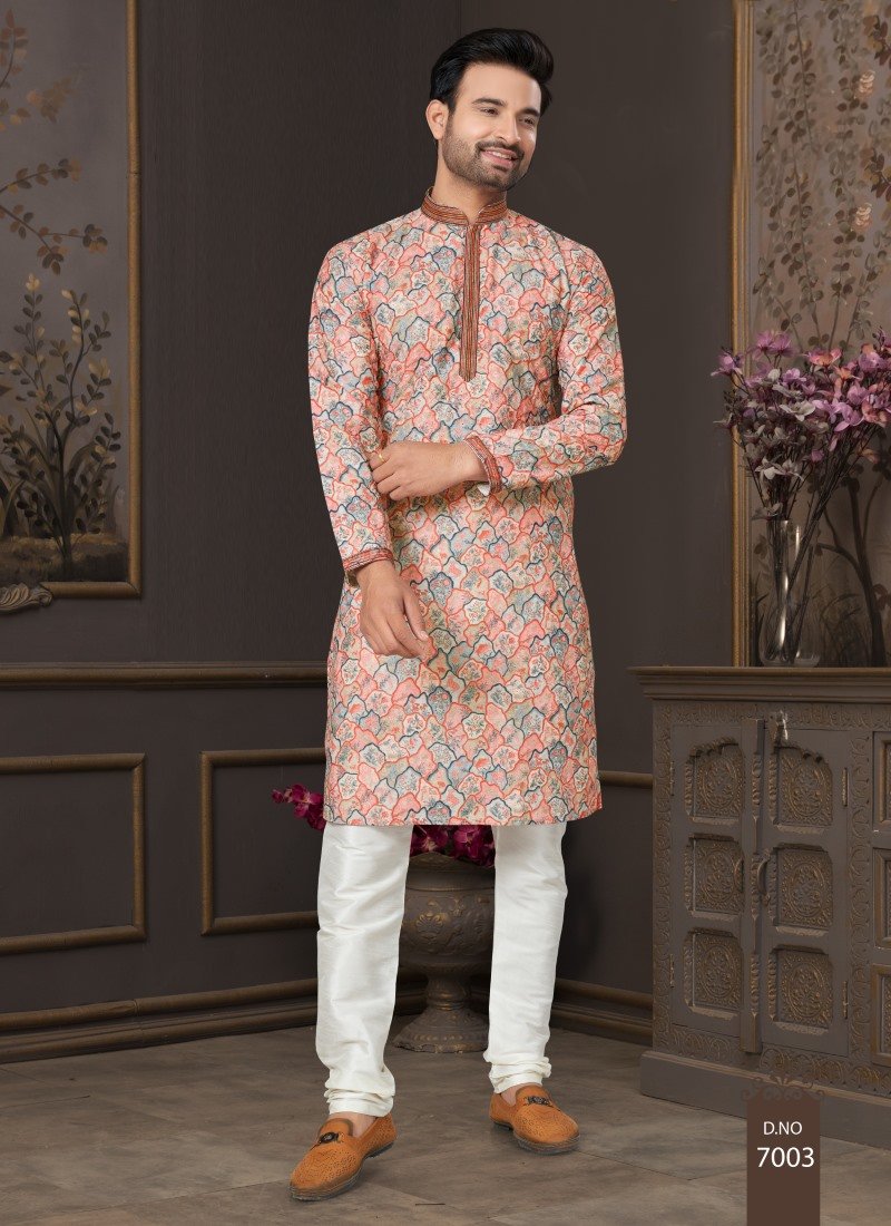 Peach Cotton Digital Print Kurta Pajama  with Lucknowi, Sequence, Thread and Pintex Work-2