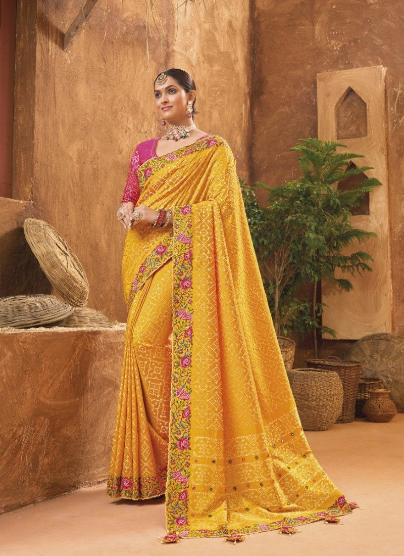 Yellow Banarasi Silk Saree With Kachhi Work,  Mirror Work and Diamond Work-2