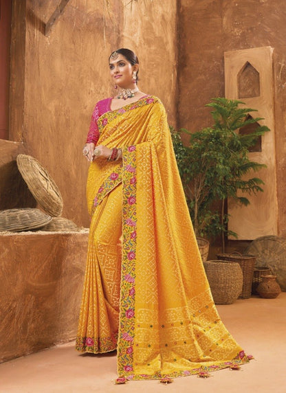 Yellow Banarasi Silk Saree With Kachhi Work,  Mirror Work and Diamond Work-2