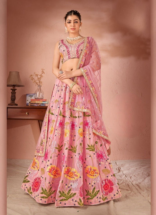 Pink Georgette Embroidered Lehenga Choli with Sequins and Thread Work