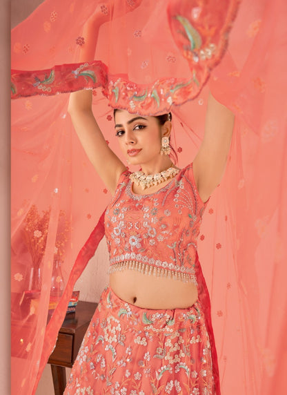 Peach Net Embroidered Lehenga Choli with Sequins and Thread Work-2