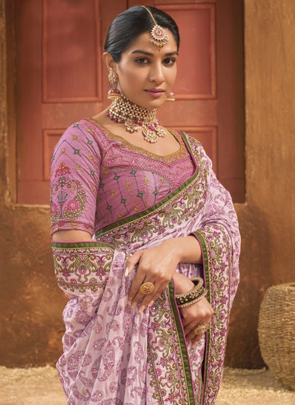 Pink Banarasi Silk Saree With Kachhi Work,  Mirror Work and Diamond Work-2