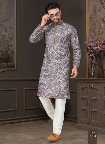 Multi Color Cotton Digital Print Kurta Pajama  with Lucknowi, Sequence, Thread and Pintex Work