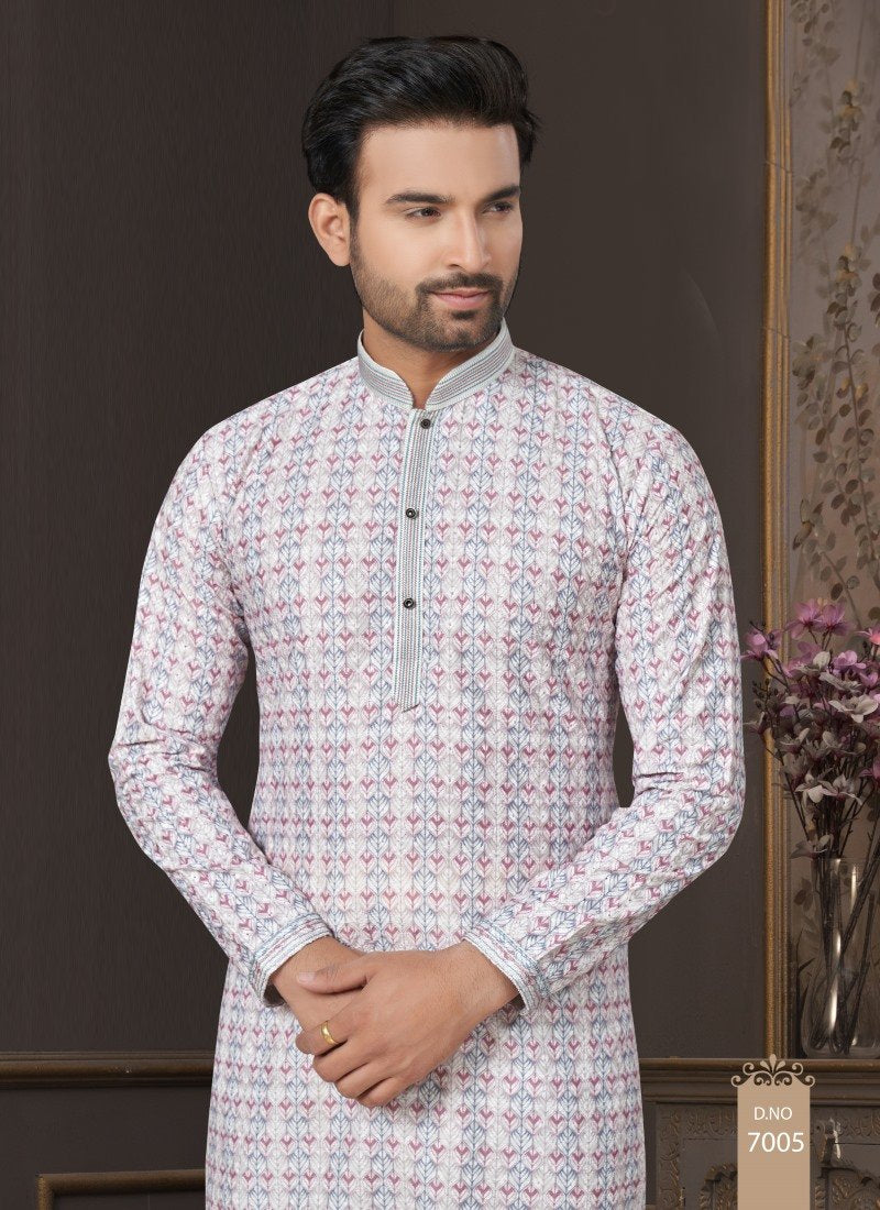 Off White Cotton Digital Print Kurta Pajama  with Lucknowi, Sequence, Thread and Pintex Work-2