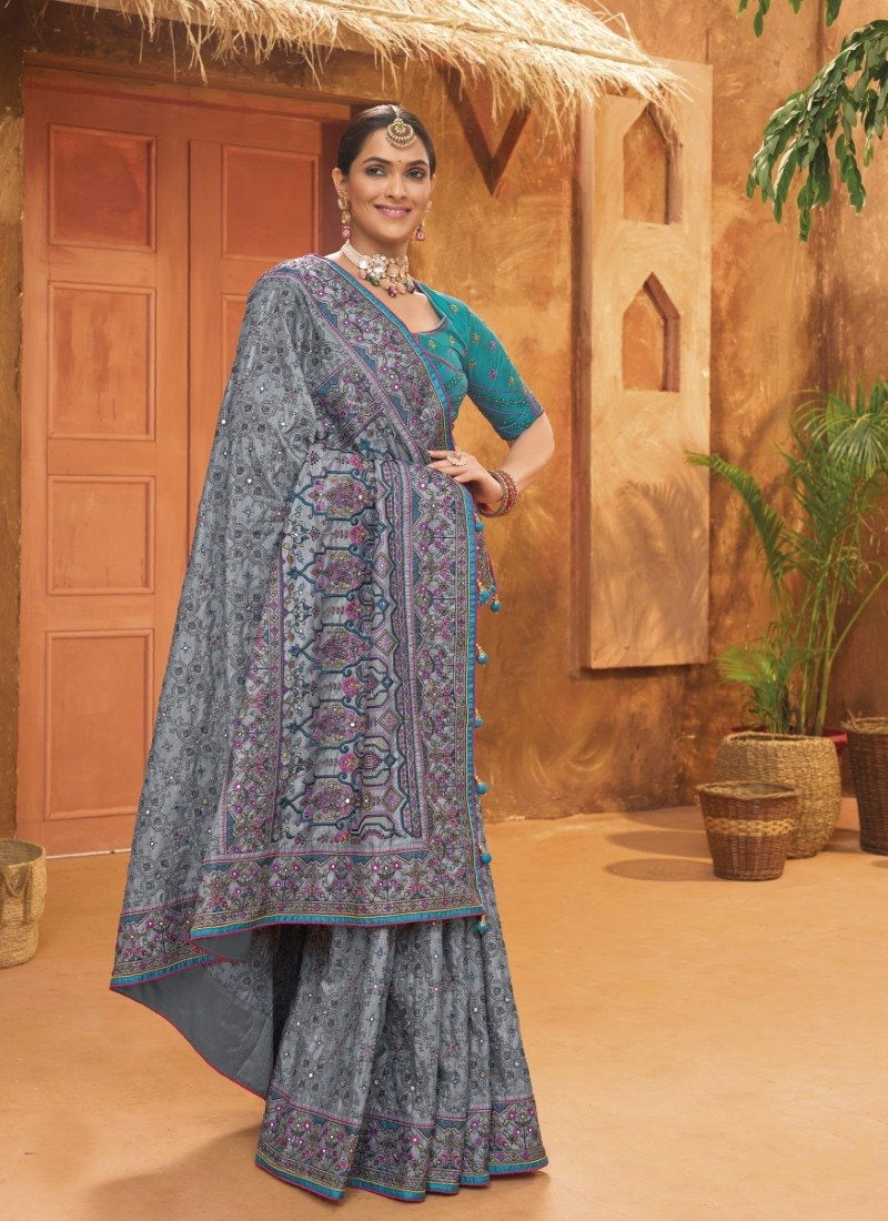 Gray Banarasi Silk Saree With Kachhi Work,  Mirror Work and Diamond Work-2