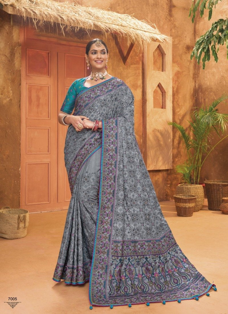 Gray Banarasi Silk Saree With Kachhi Work,  Mirror Work and Diamond Work