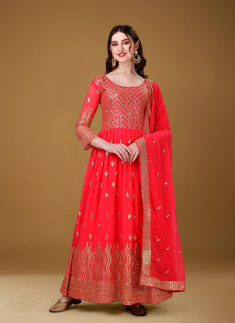 Red Georgette Embroidered Anarkali Suit