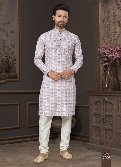 Off White Cotton Digital Print Kurta Pajama  with Lucknowi, Sequence, Thread and Pintex Work-2