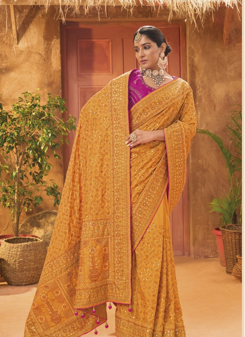 Yellow Banarasi Silk Saree With Kachhi Work,  Mirror Work and Diamond Work-2