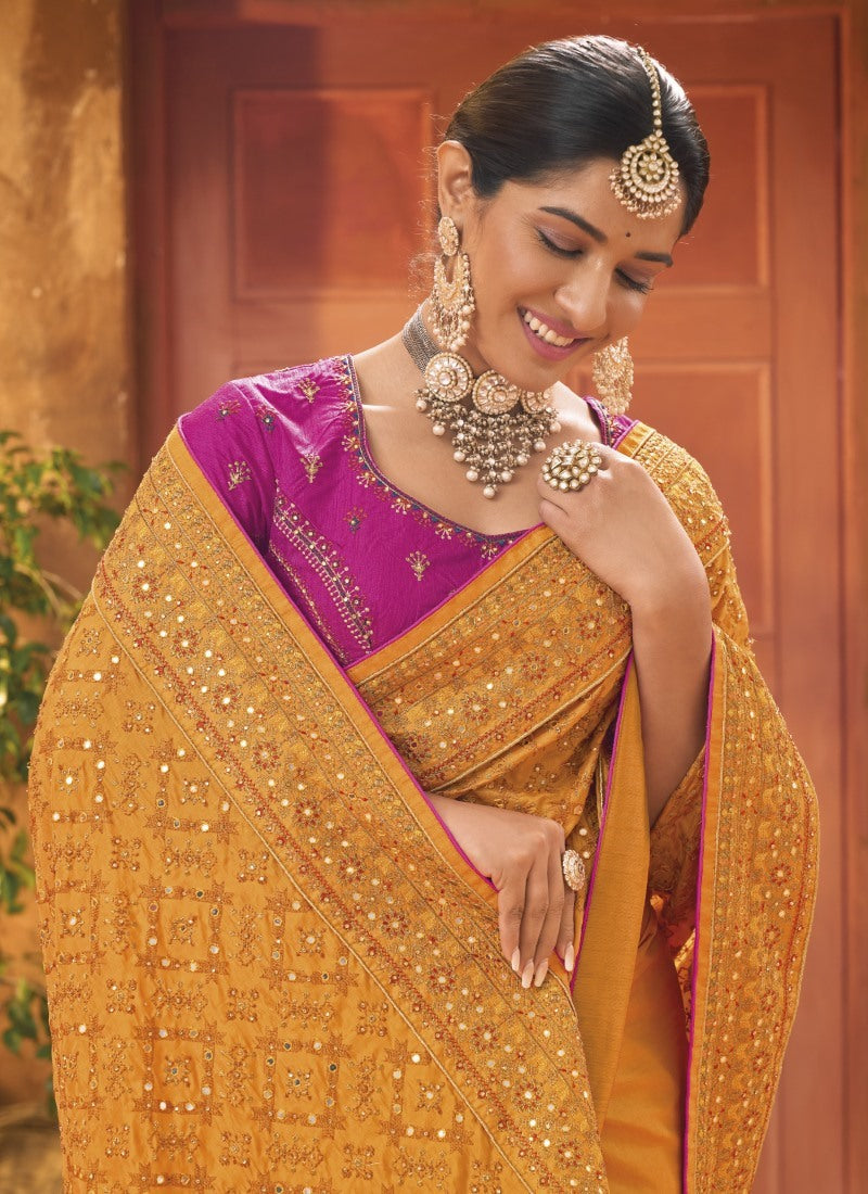 Yellow Banarasi Silk Saree With Kachhi Work,  Mirror Work and Diamond Work-2