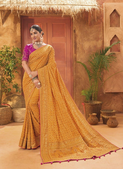 Yellow Banarasi Silk Saree With Kachhi Work,  Mirror Work and Diamond Work