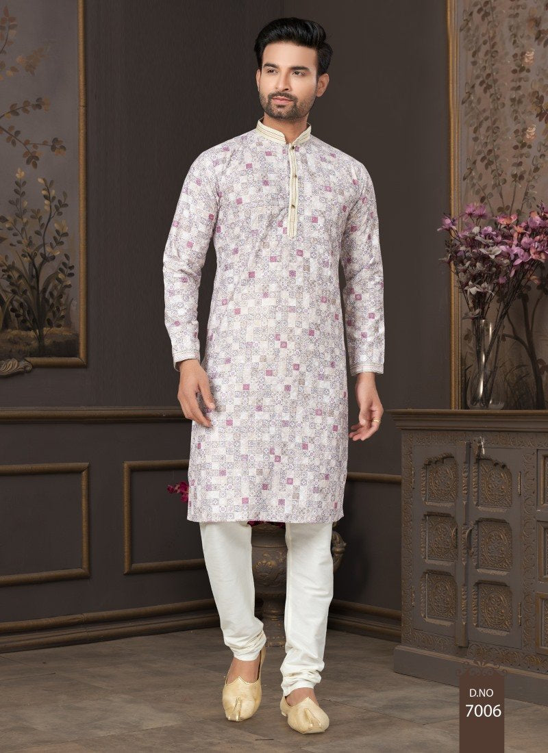 Off White Cotton Digital Print with Lucknowi, Sequence, Thread and Pintex Work-2