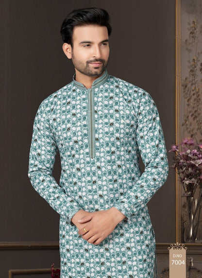 Green Cotton Digital Print Kurta Pajama with Lucknowi, Sequence, Thread and Pintex Work-2