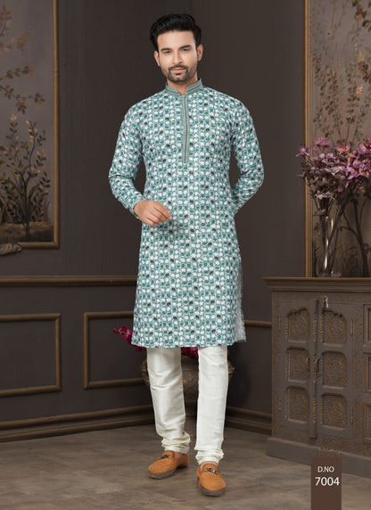 Green Cotton Digital Print Kurta Pajama with Lucknowi, Sequence, Thread and Pintex Work