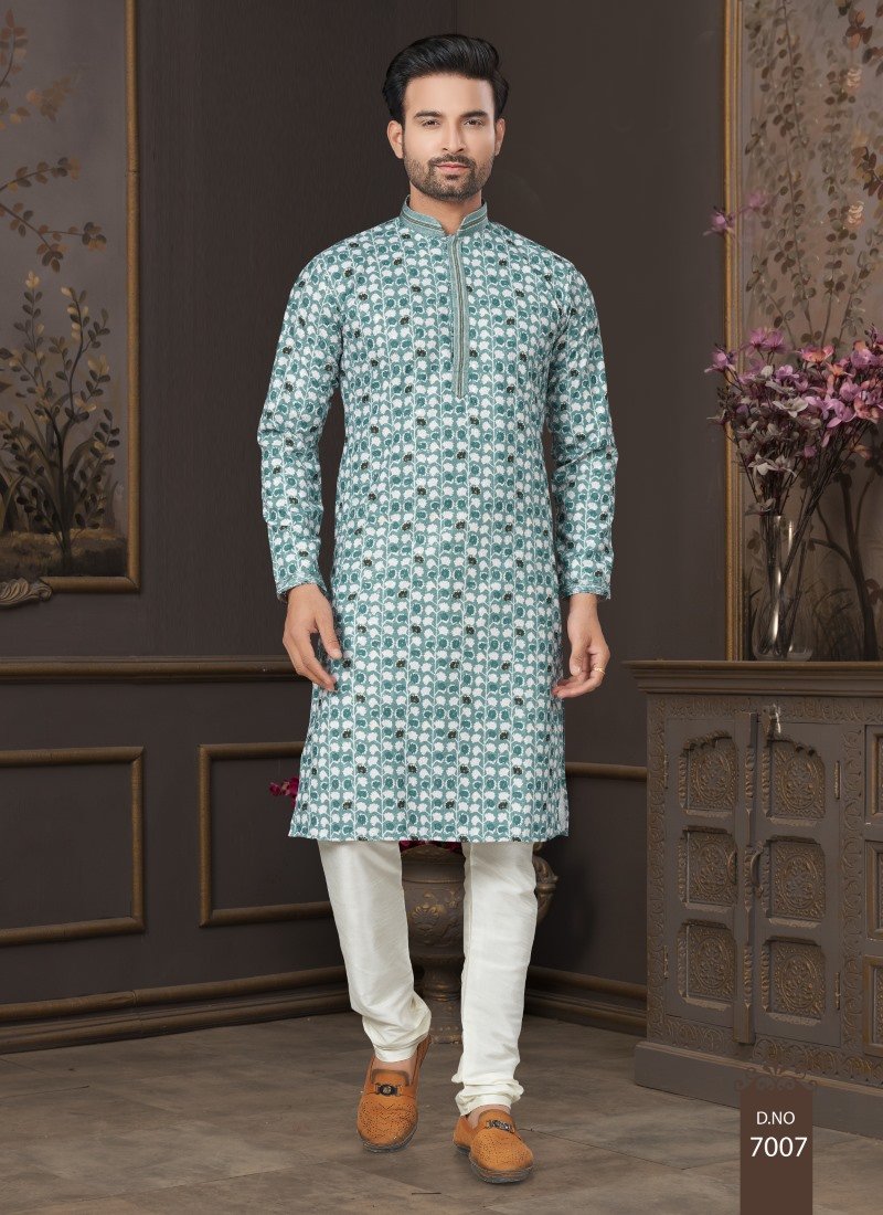 Green Cotton Digital Print Kurta Pajama with Lucknowi, Sequence, Thread and Pintex Work-2