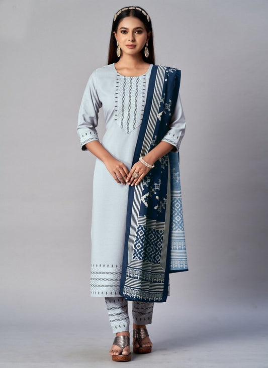 Light Blue Cotton Straight Line Pant Style Salwar Suit