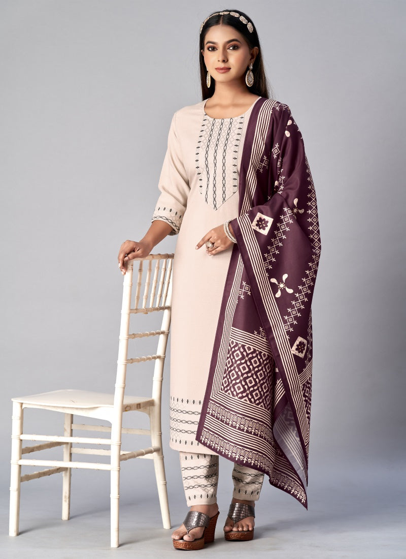 Cream Cotton Straight Line Pant Style Salwar Suit