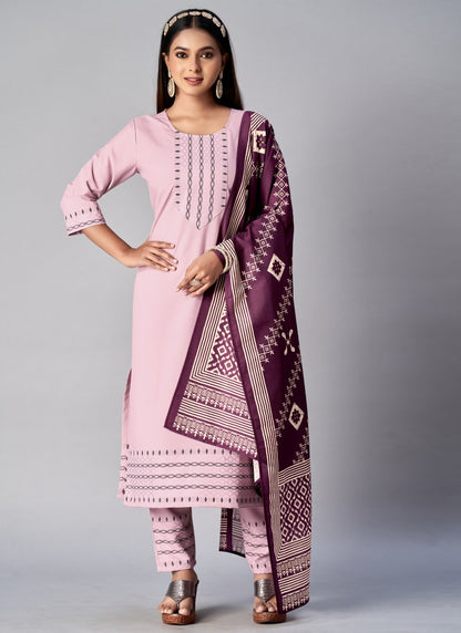 Pink Cotton Straight Line Pant Style Salwar Suit