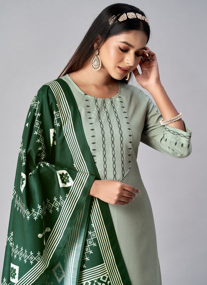 Pista Green Cotton Straight Line Pant Style Salwar Suit-2