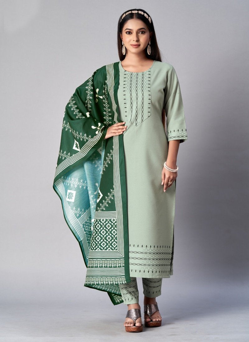 Pista Green Cotton Straight Line Pant Style Salwar Suit