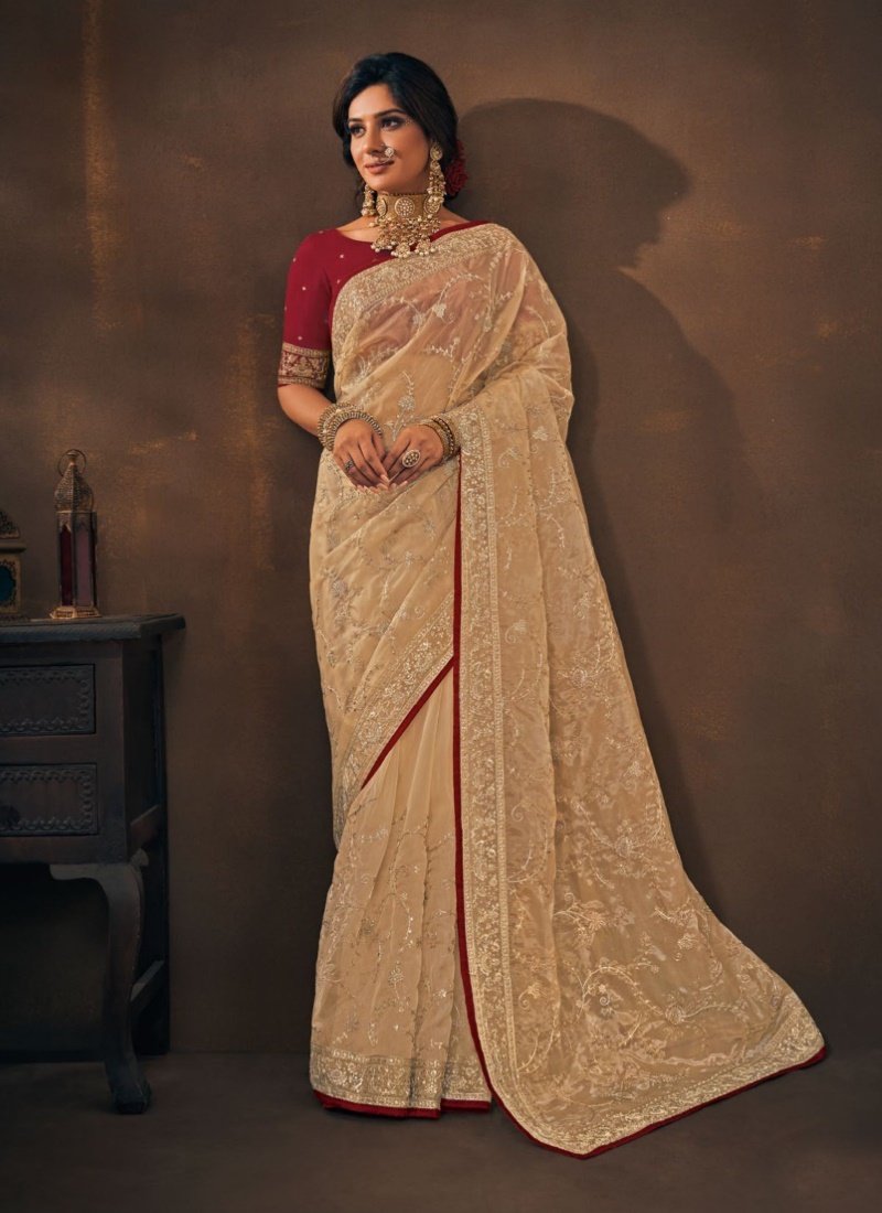 Beige Organza Embroidered Saree