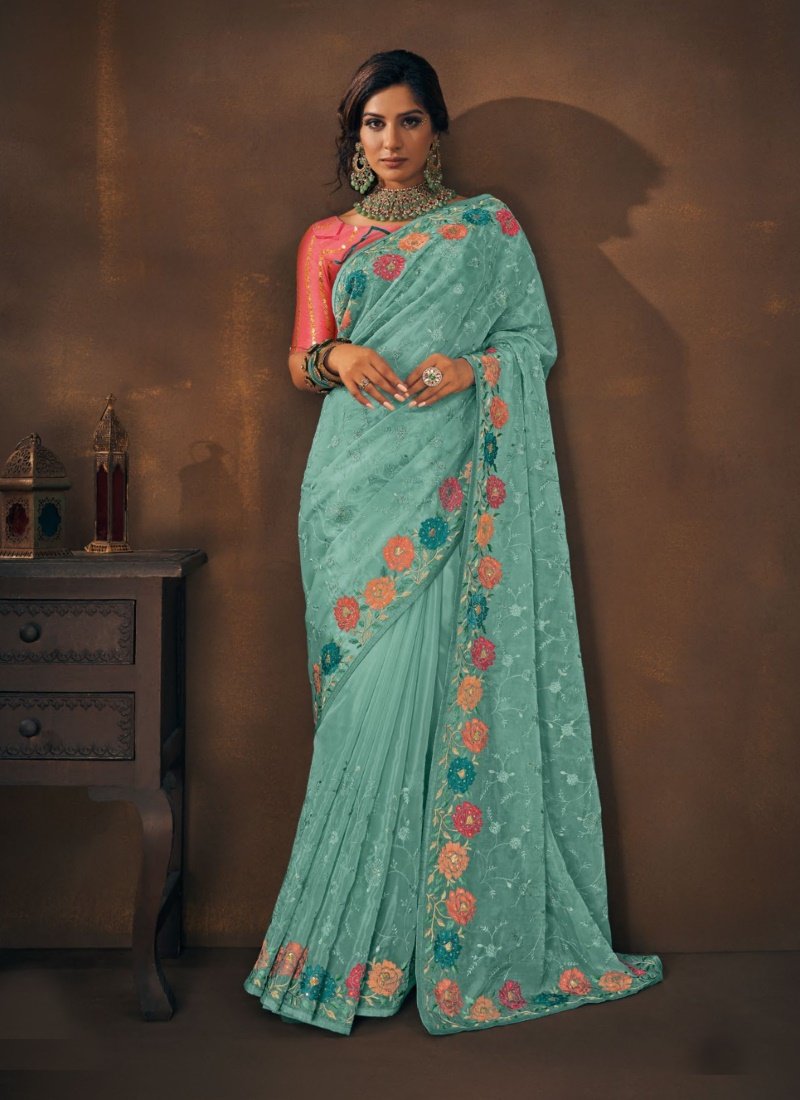 Sea Green Organza Embroidered Saree