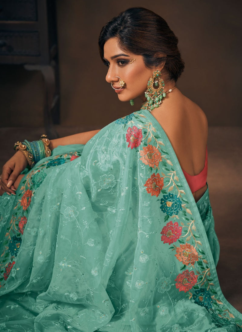 Sea Green Organza Embroidered Saree-2