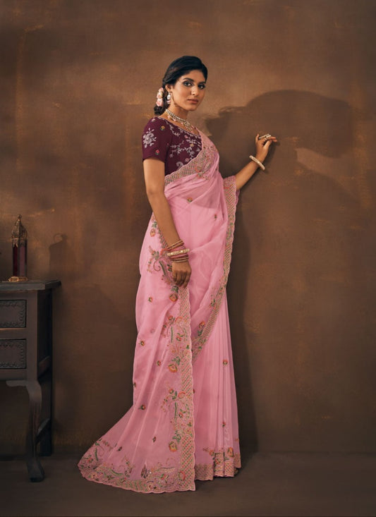 Pink Organza Embroidered Saree