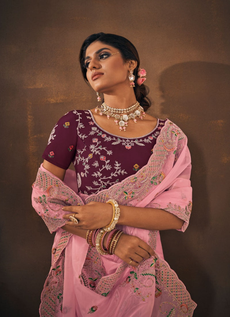 Pink Organza Embroidered Saree-2