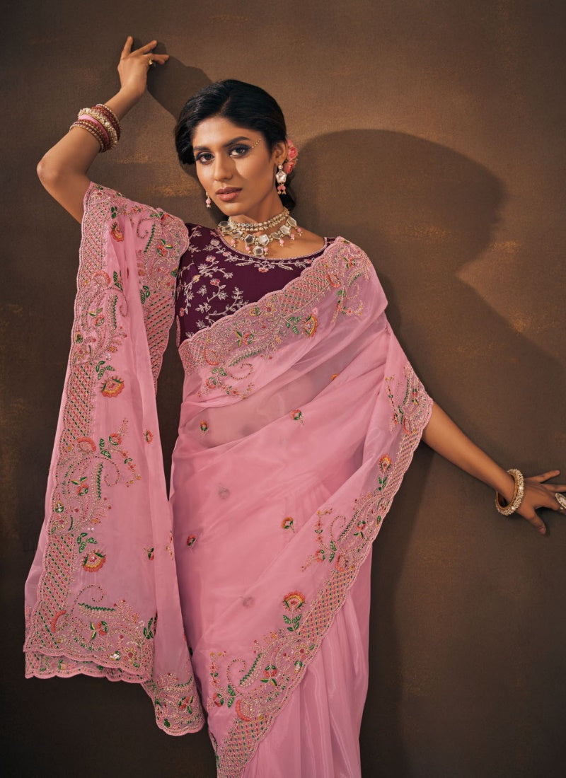 Pink Organza Embroidered Saree-2