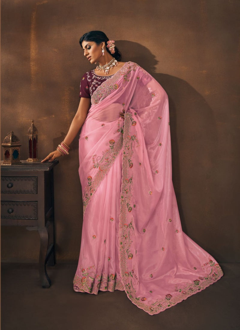 Pink Organza Embroidered Saree-2