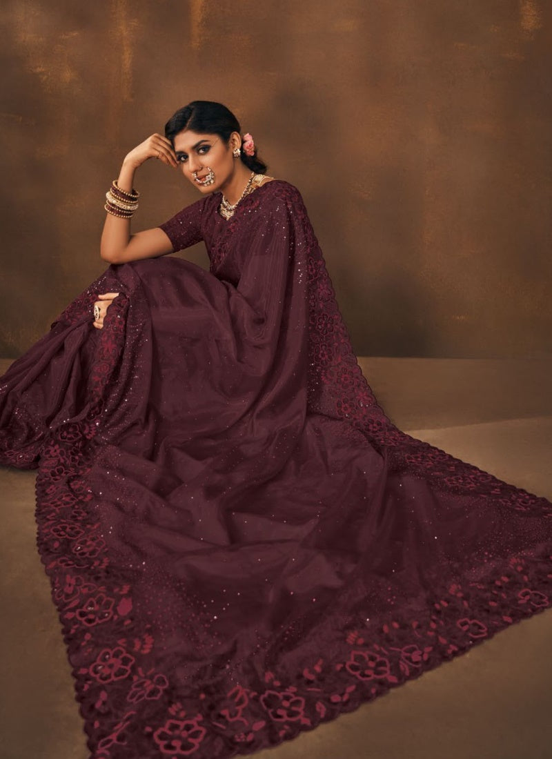 Wine Organza Embroidered Saree-2