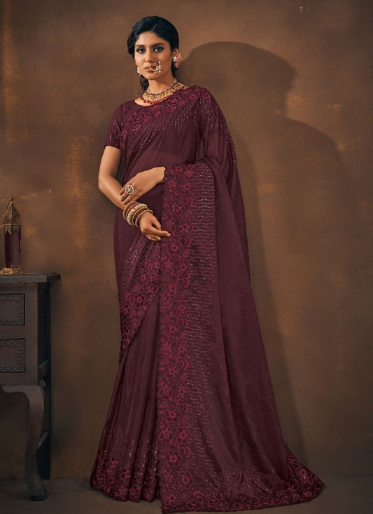 Wine Organza Embroidered Saree