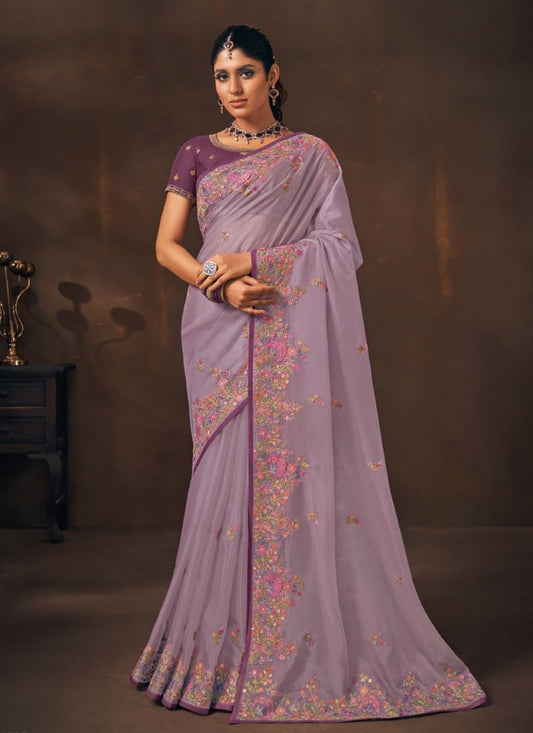 Lavender Organza Embroidered Saree