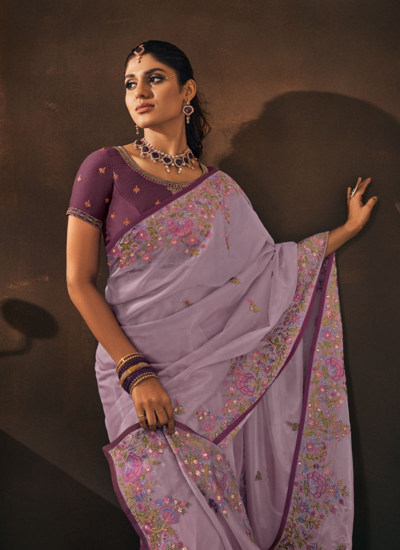 Lavender Organza Embroidered Saree-2