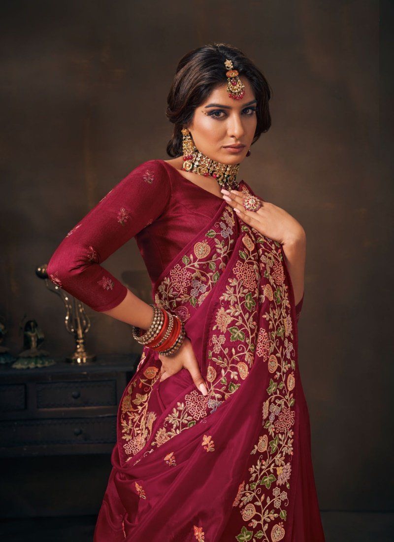 Red Organza Embroidered Saree-2