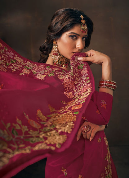 Red Organza Embroidered Saree-2