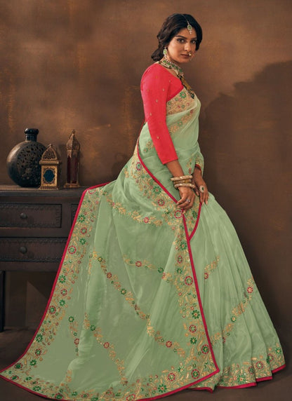 Pista Green Organza Embroidered Saree-2