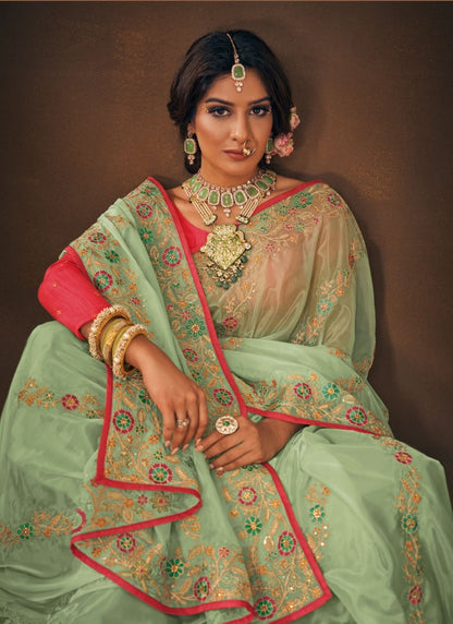 Pista Green Organza Embroidered Saree-2