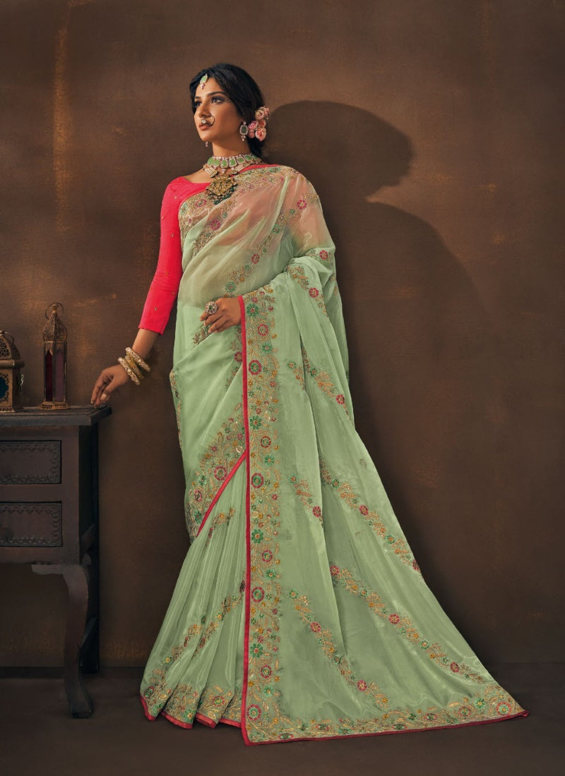 Pista Green Organza Embroidered Saree