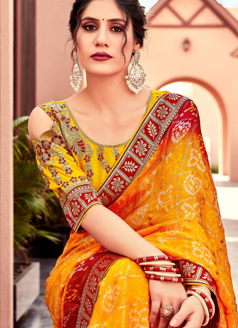 YELLOW RED BANDHANI SAREE